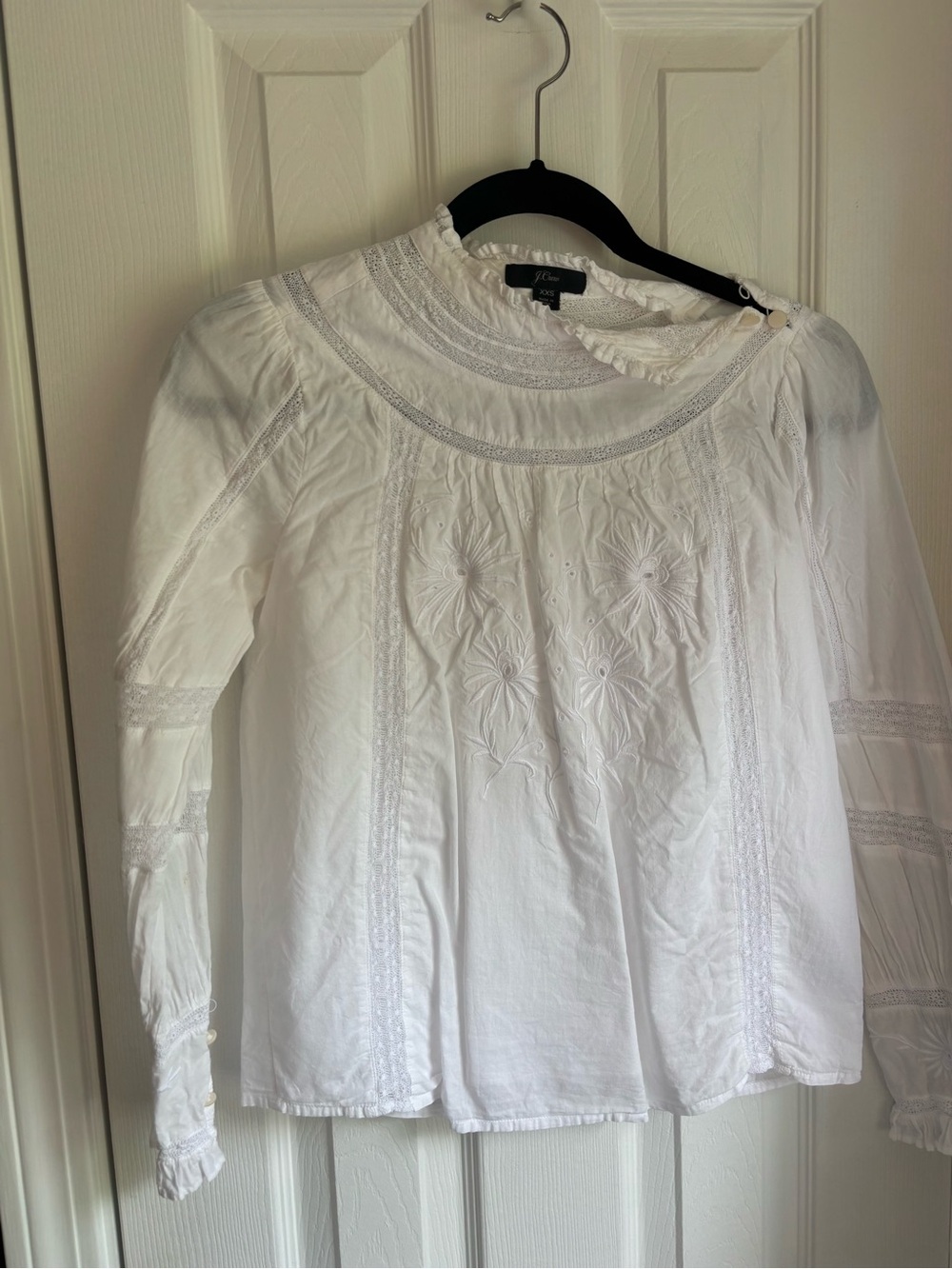 J. Crew White Embroidered Long-Sleeve Peasant Blouse